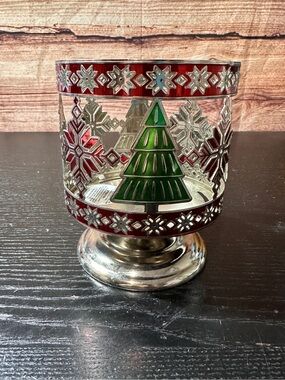 Bath & Body works 3 wick candle holder pedestal Christmas Trees Snowflake Silver